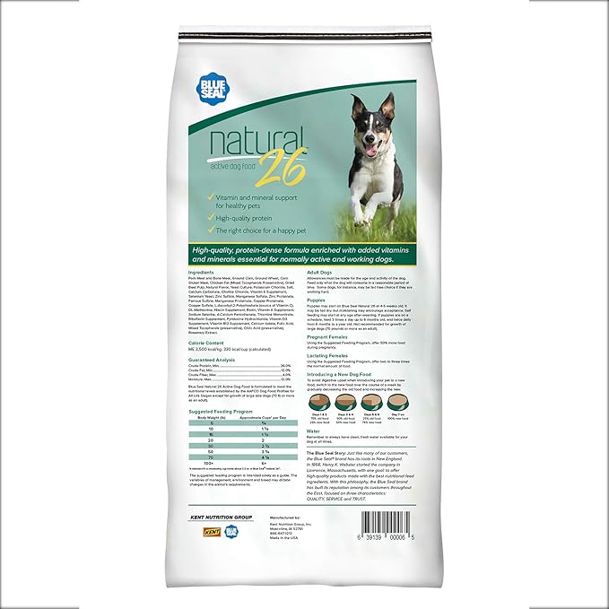 Blue Seal Natural 26 Active Dry Dog Food, Protein-Dense, Vitamin and Mineral Support, Ideal for Normally Active to Working Dogs, 25 Pound Bag