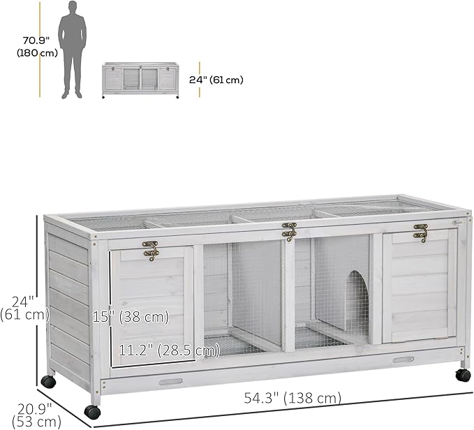 PawHut Wooden Rabbit Hutch, Bunny Cage with Wheels, Dividers, Openable Roof, Removable Trays, Small Animal Cages for 1-2 Rabbits, Indoor Outdoor Use, Light Gray