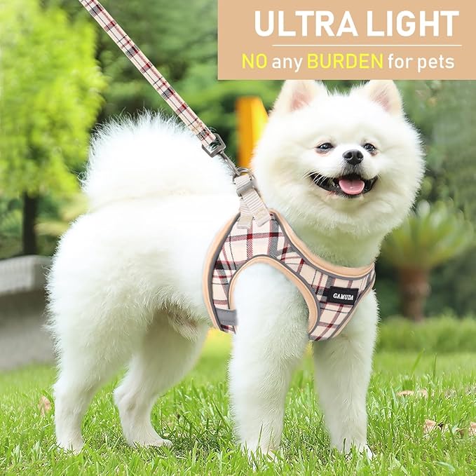 GAMUDA Small Dog Harness Collar and Leash Set, Step in No Chock No Pull Soft Mesh Adjustable Dog Vest Harnesses Plaid Reflective for Dogs Puppy Cats Kitten Rabbit (Beige, S)