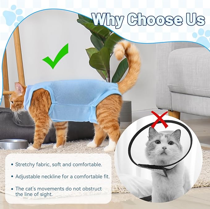 2PCS Blue Breathable Modal Cotton Cat Surgery Recovery Suit - Size S (Fits 2-4Kg), Elastic Lick-Proof Female Cat Onesie with Adjustable Collar, Pet Care for Spay Recovery & Weaning (S)