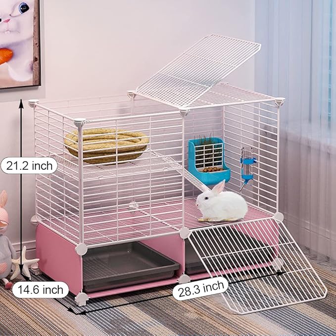 Choowin 2-Story Small Rabbit Cage Bunny Hutch Guinea Pig Cage Small Animals House, Metal Wire Netting Villa with Pull-Out Tray, Indoor Habitat for Ferret Chinchilla Hedgehog, Pink