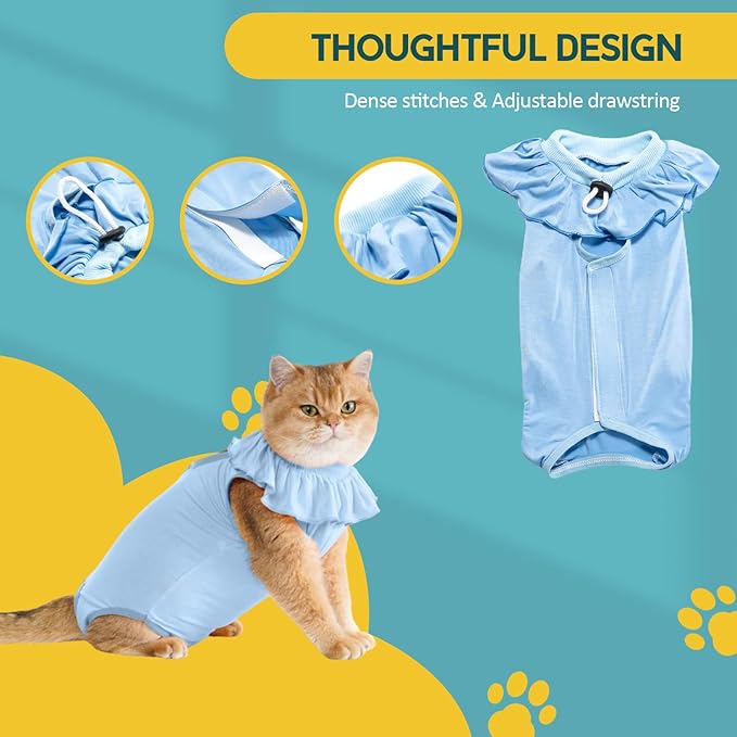 Avont Cat Recovery Suit - Kitten Onesie for Cats After Surgery, Cone of Shame Alternative Surgical Spay Suit with Ruffles for Female Cat, Post-Surgery or Skin Diseases Protection -Blue (M)