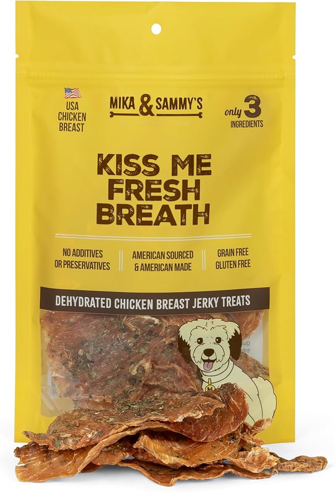 Mika & Sammy's Gourmet Chicken Jerky Dog Treats Made in USA - Kiss Me Fresh Breath - 5oz bag