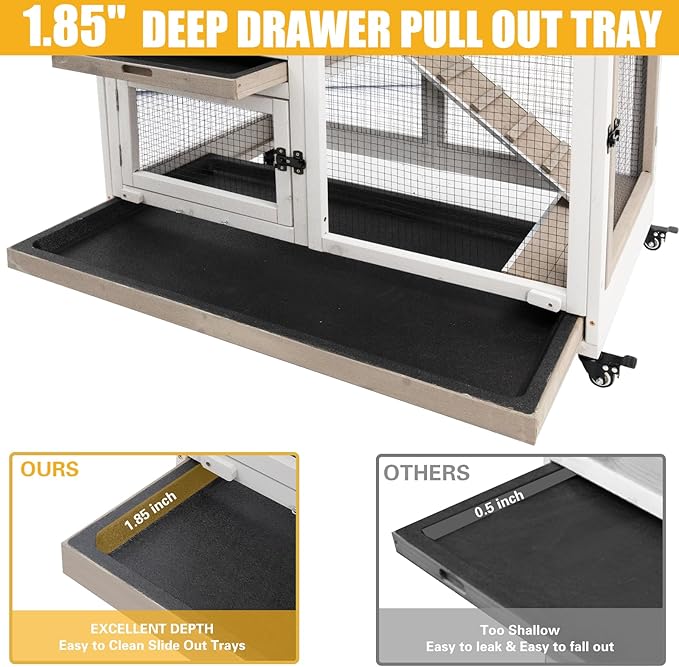 Gowoodhut 40" L Rabbit Hutch Indoor Wooden Bunny Hutch Outdoor 2 Story Rabbit Cage on Metal Wheels with Run and 2 Deeper Pull Out Trays Guinea Pig Pet House for Small Animals