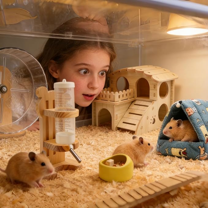 32 Pcs Hamster Cage Accessories, Silent Hamster Wheel, 22 Chew Toys Set, Wooden Hideout, Fleece House, Water Bottle Set, Ceramic Food Bowl for Rat Mice Small Animals Habitat Decor