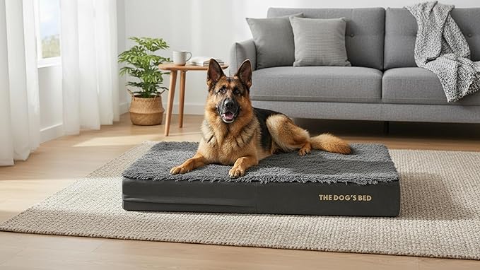 The Dog’s Bed Orthopedic Memory Foam Dog Bed for XL Dogs, Waterproof Washable Cover, Anti-Slip Base, Calming Surface – CertiPUR-Certified Foam, Grey Fur, 6 Inch Thick