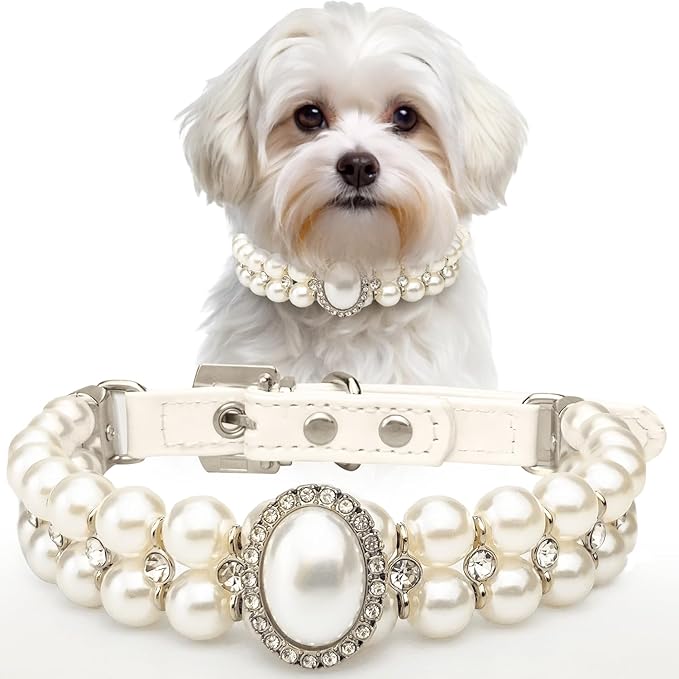 KUDES Small Dog Cat Big Pearl Collars with Crystal Rhinestone Diamond Décor, Adjustable Cute Fashion Pet PU Leather Necklace for Wedding Birthday Party (White, M((10"-12.5") for Small Dogs)