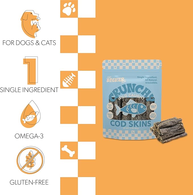 DTS5000A-3OZ Air Dried Wild Caught Cod Skin Crunchy Treats for Dogs, High Protein Omega-3 Fish Snacks Single Ingredient Natural, Gluten & Grain Free, Healthy Training Treats, 3oz Bag