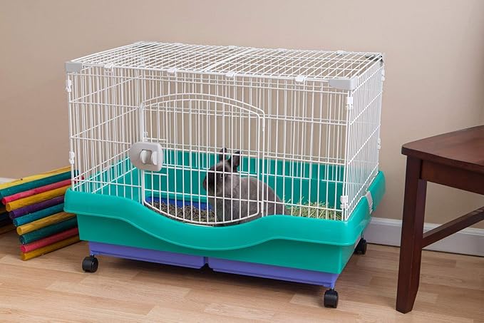IRIS USA Large Portable Wire Rabbit Cage with Top Access and Two Tray Division, Easy Access Secure Lock and Easy to Clean Movable House for Small Sized Animals Rabbit Guinea Pigs Rat Hamster, Green