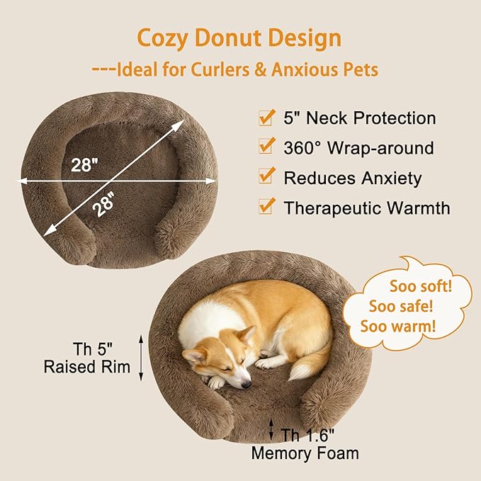 Calming Cute Dog Beds for Medium Dogs, Orthopedic Cushion Anti-Anxiety Donut Cuddler Bed, Soft Fluffy Faux Fur Plush Warming Cozy Removable Cover, Fits up to 35 lbs Pets (Round, Coffee 28")