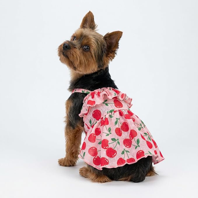 Fitwarm Cherry Dog Dress - Ruffled Hawaiian Girl Dog Clothes, Pink, Large