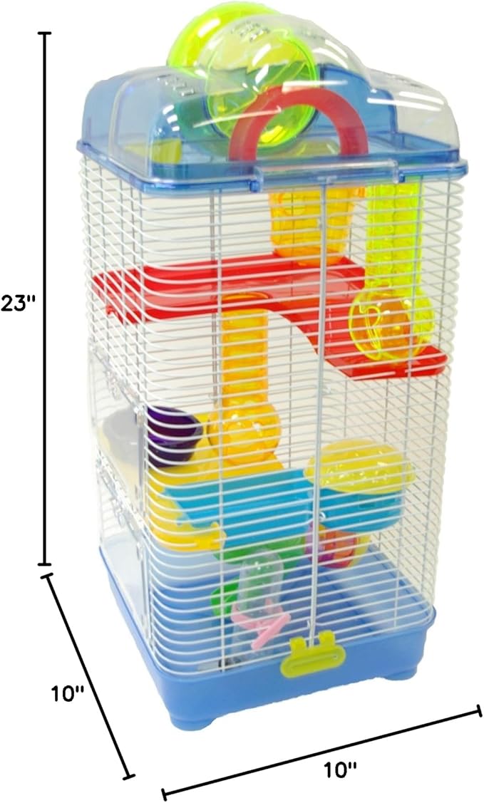 YML 3-Level Clear Plastic Dwarf Hamster Mice Cage with Ball on Top, Blue