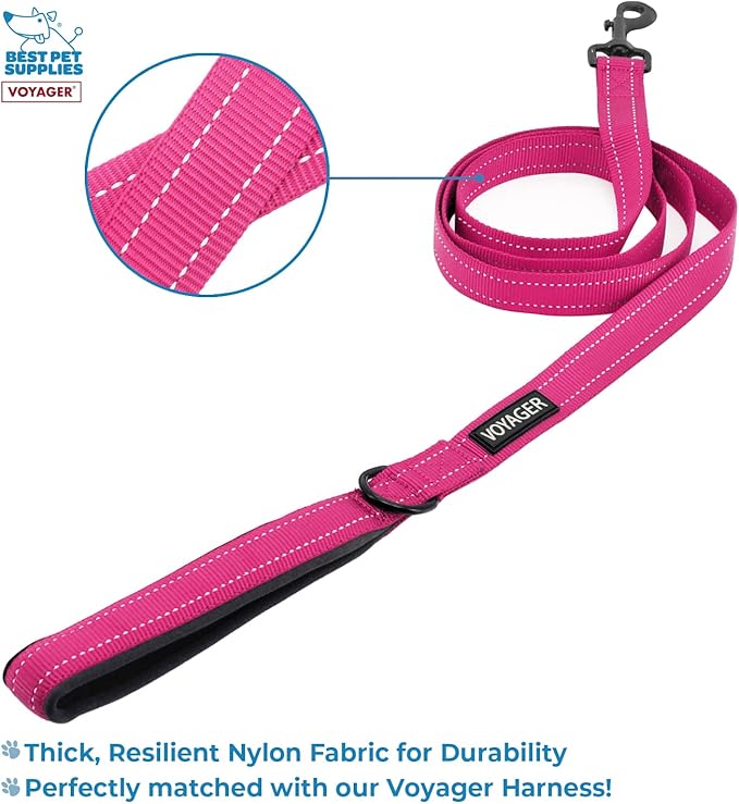 Best Pet Supplies Voyager Step-in Lock Pet Harness w Reflective Pet Leash Combo Set with Neoprene Handle 5ft - Supports Small, Medium and Large Breed Puppies/Cats - Fuchsia/Black Trim, XXS
