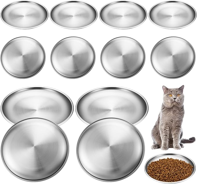 Domensi 12 Pieces Stainless Steel Cat Bowl Metal Pet Food Dish Beard Fatigue Relief Replacement Easy to Clean Indoor Wet Feeding Flat Plates for Dogs Kitten and Other Small Animals(6.7 Inch,Normal)