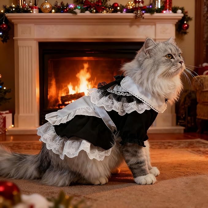 Pet Maid Outfit Cat Princess Dresses Adorable Costume with Headwear for Cats Dogs Birthday Party Black S