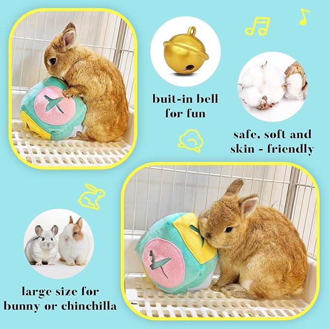 2pcs Large Rabbit Foraging Toy with Bell & Natural Rabbit Scratching Pad, Washable Puzzle Feed Game with Soft Cotton Rope Mat for Indoor Bunnies