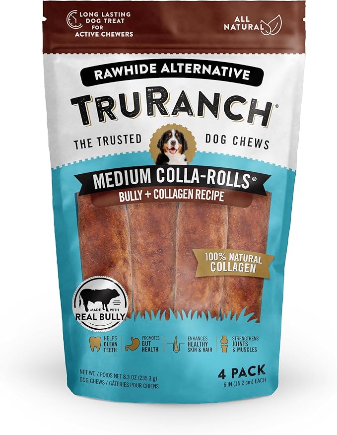 TRURANCH Collagen Rolls - 6" Collagen Rolls for Dogs - Long Lasting Healthy Joint Support Dog Treat - Rawhide Alternative - Skin & Coat Health - Made with Real Bully, 1 Bag, 4 Count