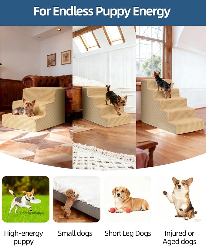 Vfrog Dog Stairs for Small Dogs,17.5" H,4-Step Dog Steps Ramp for Bed and Couch with High Density Foam,Non-Slip Pet Steps for Dogs and Cats,Pet Stairs with a Washable Cover,Khaki