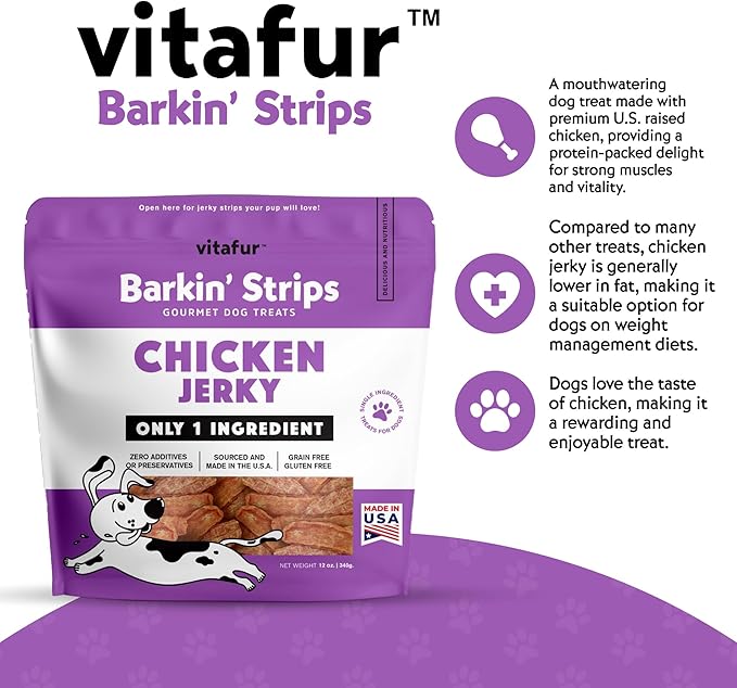 Barkin Burger Strips Made of Only Chicken Grain-Free Dog 12 oz Premium One-Ingredient Digestive Support Dog Jerky Treats, Made in USA Small Batch Healthy Single ingrediens Training Treats
