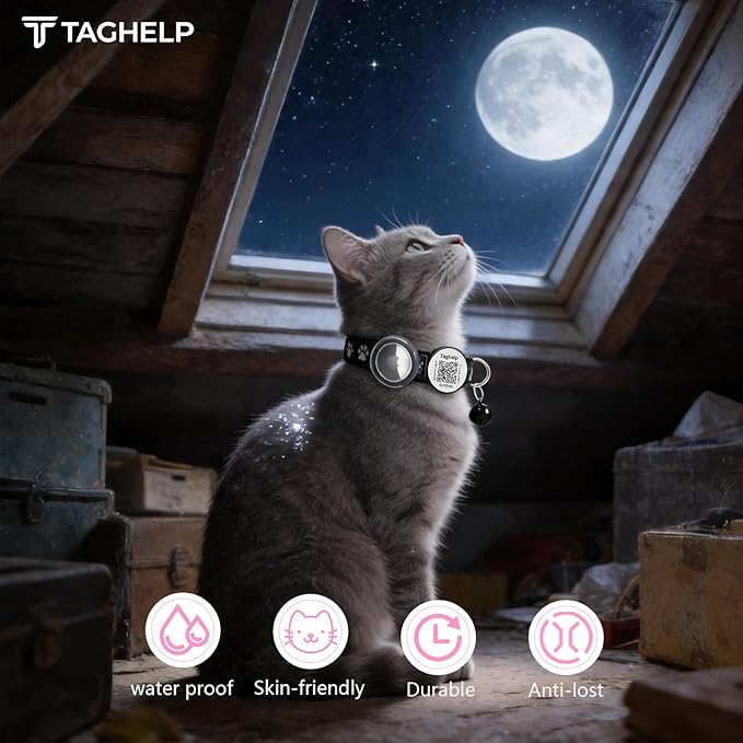 Waterproof Breakaway Cat Collar with Paw Prints - Secure AirTag Holder & Free QR Code Tag, Adjustable & Safe Kitten Collar for Apple Tracking (Black)