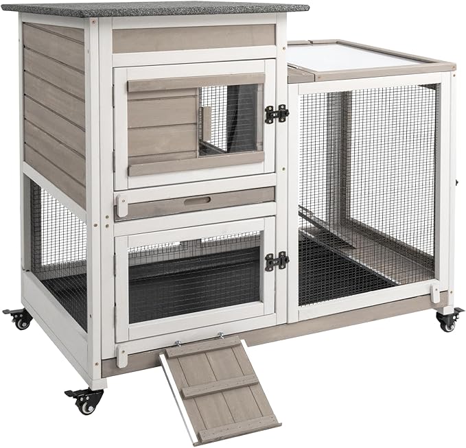Rabbit Hutch Indoor Outdoor, 2-Story Bunny Cage Bunny Hutch Rabbit Cage with 2 Removable Trays, Metal Wheels, and UV Panel, Guinea Pig Pet House Hamster Cage