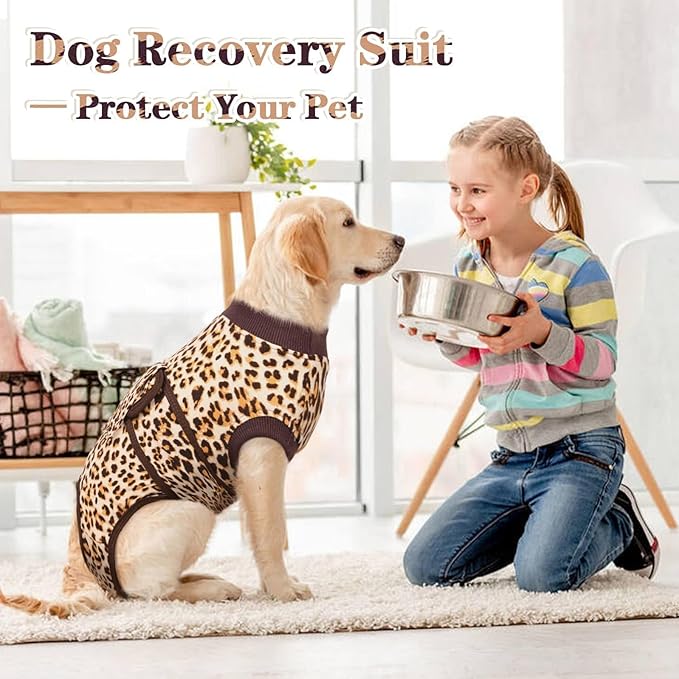Kuoser Dog Surgery Suit, Comfy Dog Recovery Suit Female Doggie Onesie for Surgery, Post Op Protective Onesie, Soft E-Collar Alternative for Cats & Puppies, BrownLeopard XS