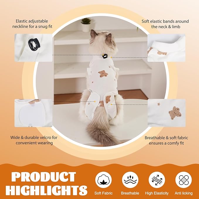 Cat Surgery Recovery Suit, Anti Licking Postoperative Onesie with Roll-Up Design, Soft Breathable Bodysuit Shirt for Female Spay Male Neuter Abdominal Wound Kitten E-Collar Cone Alternative