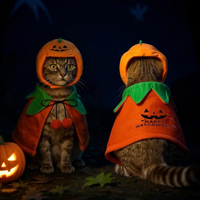Huhumy 2 Sets Pet Pumpkin Costume Cat Halloween Cloak Hat Set for Dog Cat Halloween Costumes Pumpkin Hat for Dogs Puppy Poncho Small Medium Pets Cosplay (Cute)