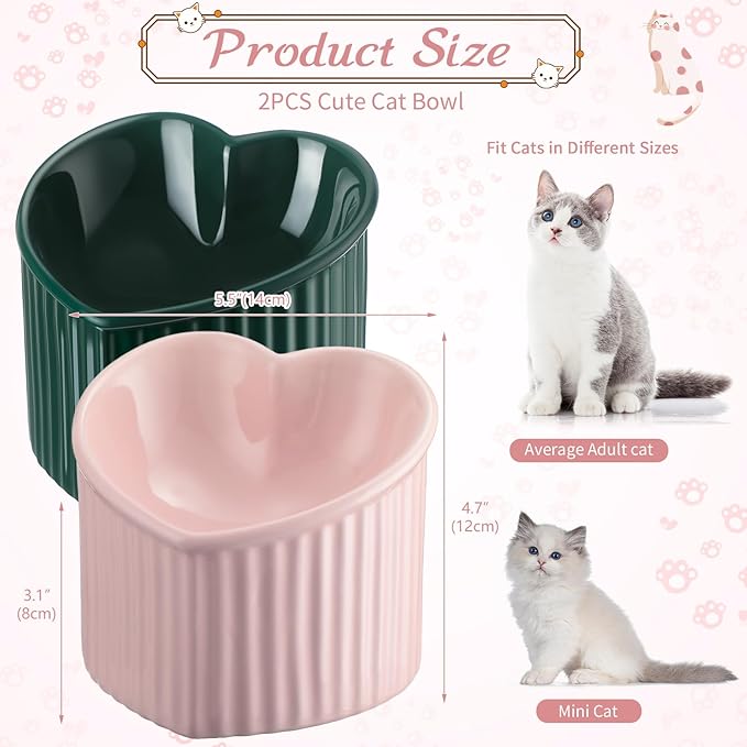 Mumufy 2 Pcs Ceramic Elevated Cat Bowls Tilted Elevated Raised Pet Bowls Anti Vomit Cat Dish for Indoor Stress Free Water Dish Feeder for Puppies, Heart Shaped(Pink, Peacock Green)