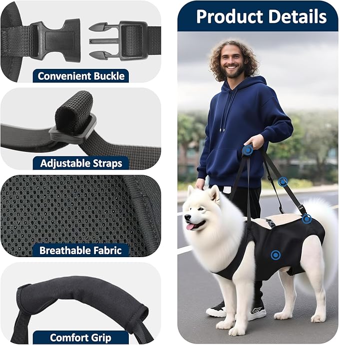 Dog Lifting Harness, Adjustable Full Body Support Sling for Large Dogs, Front and Rear Leg Mobility Aid for Elderly, Injured, Disabled, or Recovering Pets Walking Assistance (L)