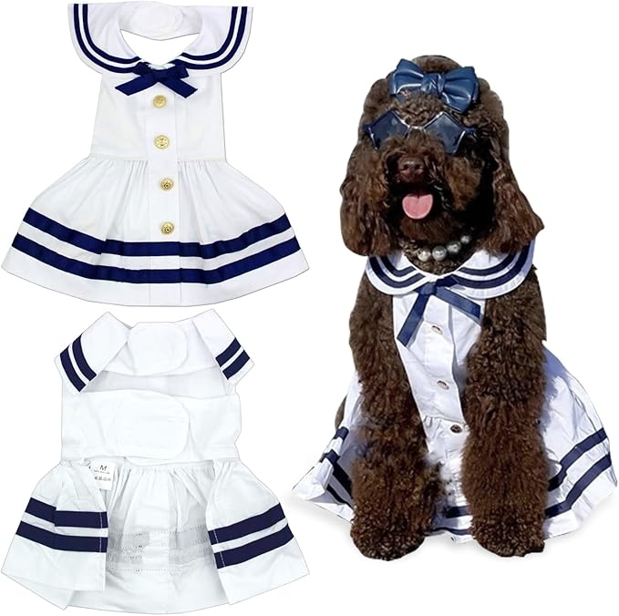 Parisian Pet Sailor Dog Dress - 100% Cotton Summer Clothes for Large Dogs Girl - Nautical Pet Apparel - Stylish Dog Outfit - Lightweight and Breathable Puppy Clothes - Cute Dresses for Dogs