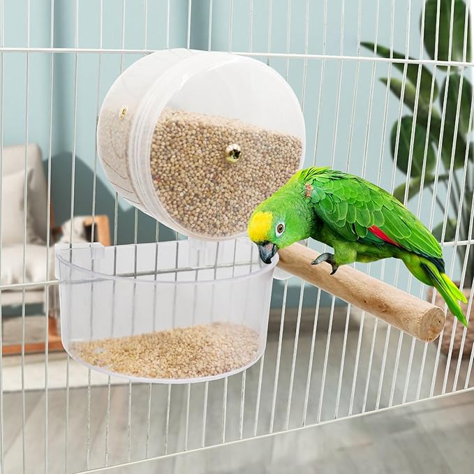 Bird Wheel Foraging Toys, Plastic Parrot Cage Feeder with Wood Perch, Parakeet Seed Food Container, Cage Accessories for Small and Medium Birds Cockatiels Lovebirds Conures Rats Hamster Guinea Pig