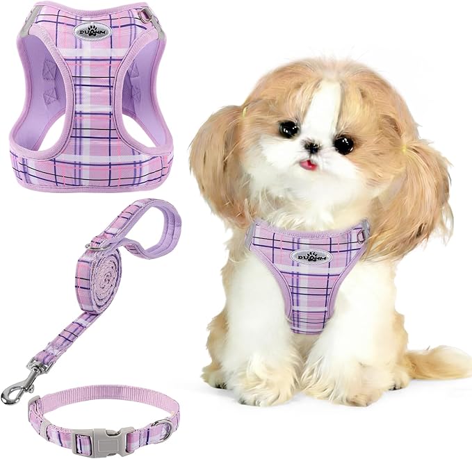 Gyuzh No Pull Dog Harness - 3-in-1 Step in Harness Collar Leash Set for Small Dog Walking & Training, Easy Walk Style, Lightweight Plaid Vest (Purple, M)