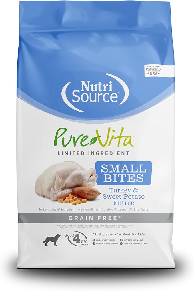 NutriSource Pure Vita Limited Ingredient Grain Free Dry Dog Food, Small Bites, Turkey and Sweet Potato, 12LB