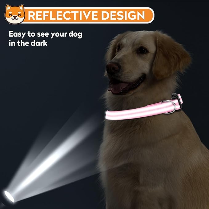 Reflective Dog Collar, Adjustable Soft Neoprene Padded Nylon Pet Collars with Buckle for Large Dogs, Light Pink,L