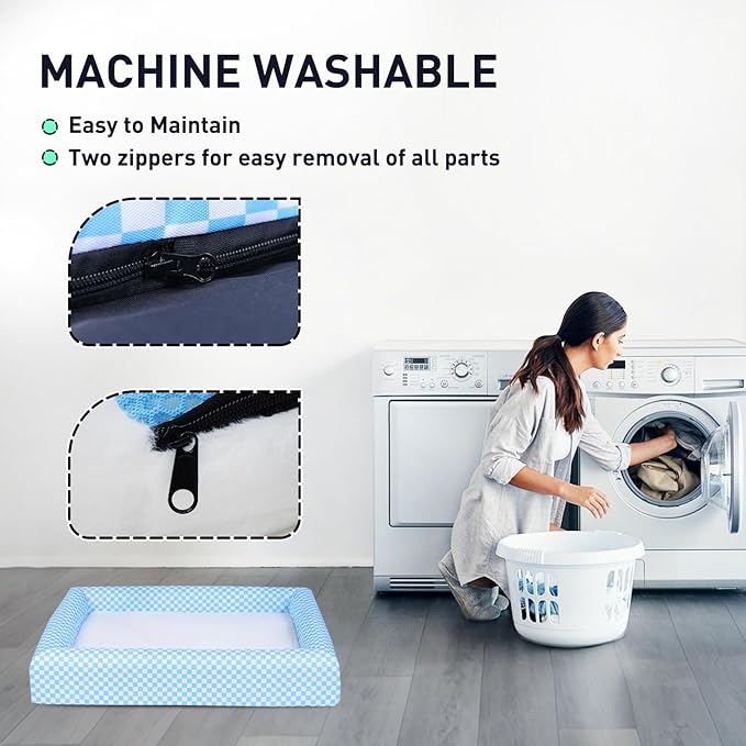 Indestructible Dog Bed for Medium Dogs -Orthopedic Dog Bed with Full-Surround Bolsters, Dual-Sided Pet Cooling Mat with Memory Foam, Removable Washable Sofa with Non Slip Bottom, Blue