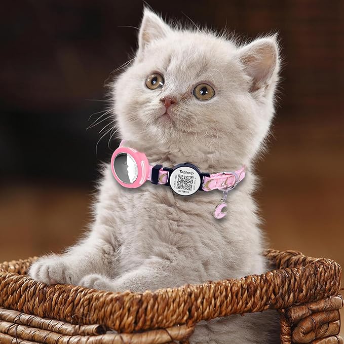 3 Pack Breakaway Cat Collars with Moons Stars - Adjustable Apple Waterproof Airtag Holder for Cats, Safety Buckle for Girl & Boy Pets - Ideal Pet Supplies & Gifts,NO app (Black, Blue, Pink)