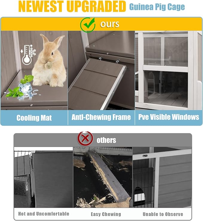 Ketive Guinea Pig Cages Indoor, Wooden Guinea Pig Cages with Stand, Rabbit Cage Hutch with Ramp and Hideout, Small Animals Cage Habitat with Not Leakage Pull Out Tray