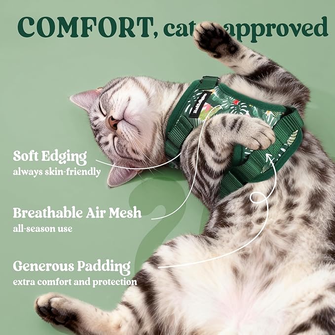 rabbitgoo Cat Harness and Leash for Walking, Escape Proof Soft Adjustable Vest Harnesses for Cats, Easy Control Breathable Reflective Strips Jacket,Rainforest Green,S