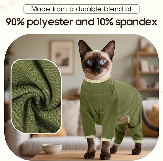 DENTRUN Cat Clothes for Hair Control with Hair Sticky Fabric - Soft Recovery Suit & Breathable Lint-Resistant Cat Sweater for Cats Only, Kitten Onesie Pajamas, M, Army Green