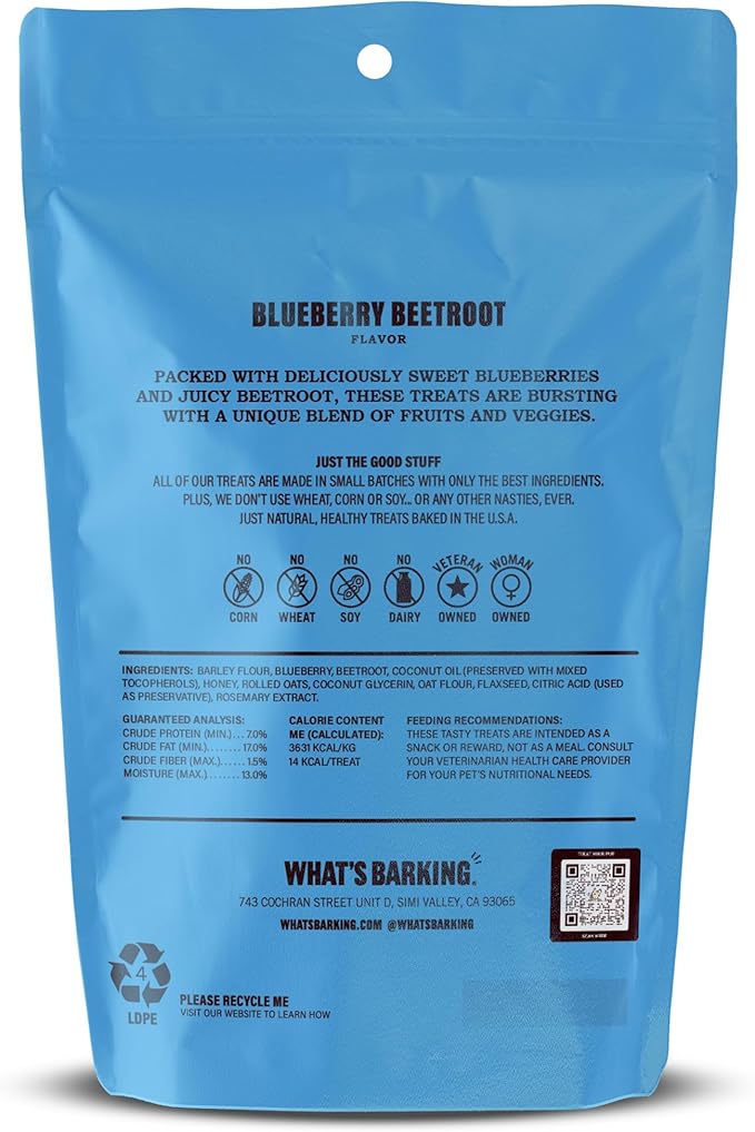 What's Barking Soft Bites, Soft Chewy Dog Treats for Training or Snacking, Pet Essentials, Bite Size Pieces for Dogs, Natural Ingredients, Made in USA, Resealable Bag (Pack of 1, Blueberry Beetroot)