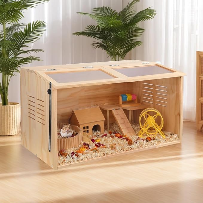 Wooden Hamster Cage,40" L x 20" W x 20" H Animal Cabinet for Dwarf Syrian Hamsters Degus, Hamster Habitat with Openable Top and Large Acrylic Sheets.
