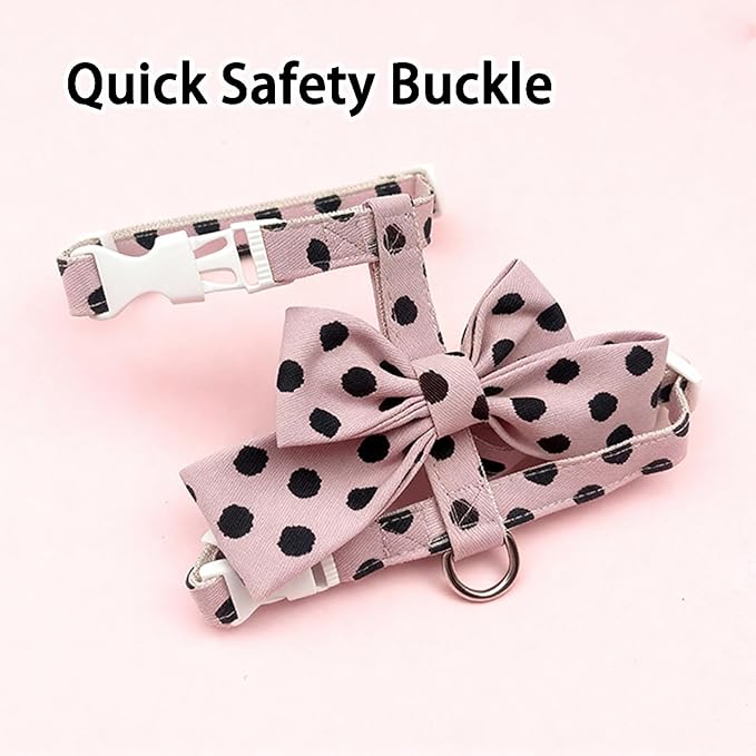 Cat Harness and Leash Set, Sweet Bow Kitten Collar, Escape Proof Pink Dog Harness, Cute Polka Dot Print Puppy Collar, Girl Dog Leash for Extra Small Dogs Kittens Outdoor Walking (Pink, S)