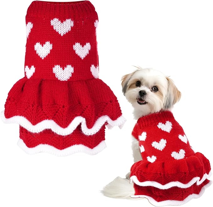 Dog Sweaters Heart Knitted Sweaters Dress Winter Coat Puppy Warm Holiday Clothes for Small Dogs Cats Christmas New Year Valentine's Day （Small, Red）