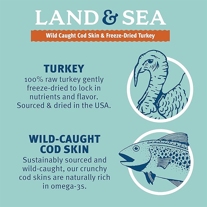 Icelandic+ Land & Sea Wild Caught Cod Skin & Freeze-Dried Turkey - 2.4oz Bag, Dog Treat & Food Topper, 2 Ingredients, No Preservatives, All Natural