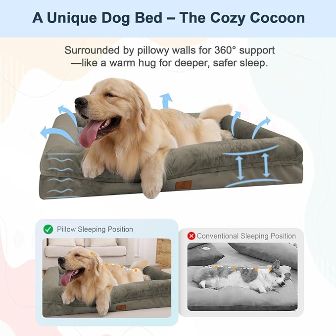 Jumbo Dog Bed for Extra Large Dogs, Washable Orthopedic Dog Bed with 4-Sides Removable Bolster, Waterproof Non-Slip Egg-Crate Foam Pet Couch Sofa, Dark Green