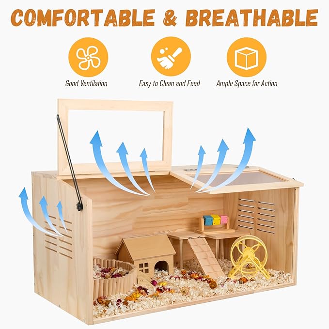 Wooden Hamster Cage,48" Lx20 Wx20 H，Animal Cabinet for Dwarf Syrian Hamsters Degus, Hamster Habitat with Openable Top and Large Acrylic Sheets.