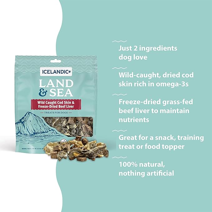 Icelandic+ Land & Sea: Wild Caught Cod Skin & Freeze-Dried Beef Liver - 2.4oz Bag, Dog Treat & Food Topper, 2 Ingredients, No Preservatives, Natural (Pack of 2)