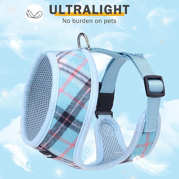 SCENEREAL Puppy Dog Harness with Leash Set for Small Medium Sized Dogs, Soft Mesh Pet Harnesses and Leash, No Chock Plaid Adjustable No Pull Vest for Dogs Cats, Chihuahua,Bulldog (Blue M)
