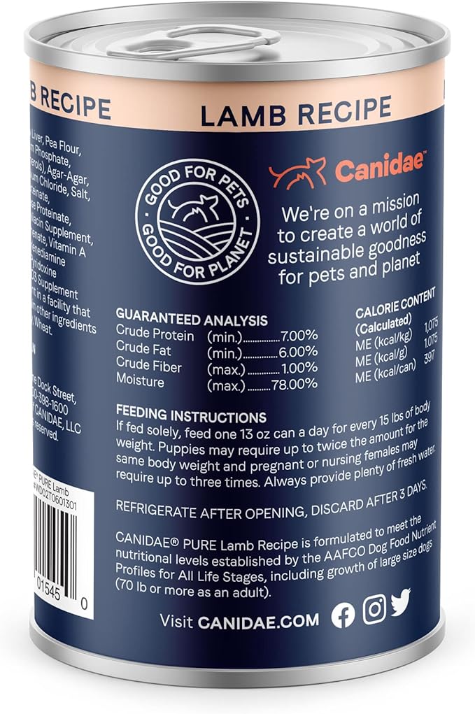 Canidae Pure Limited Ingredient Premium Adult Wet Dog Food, Lamb Recipe, 13 oz. (Case of 12), Grain Free